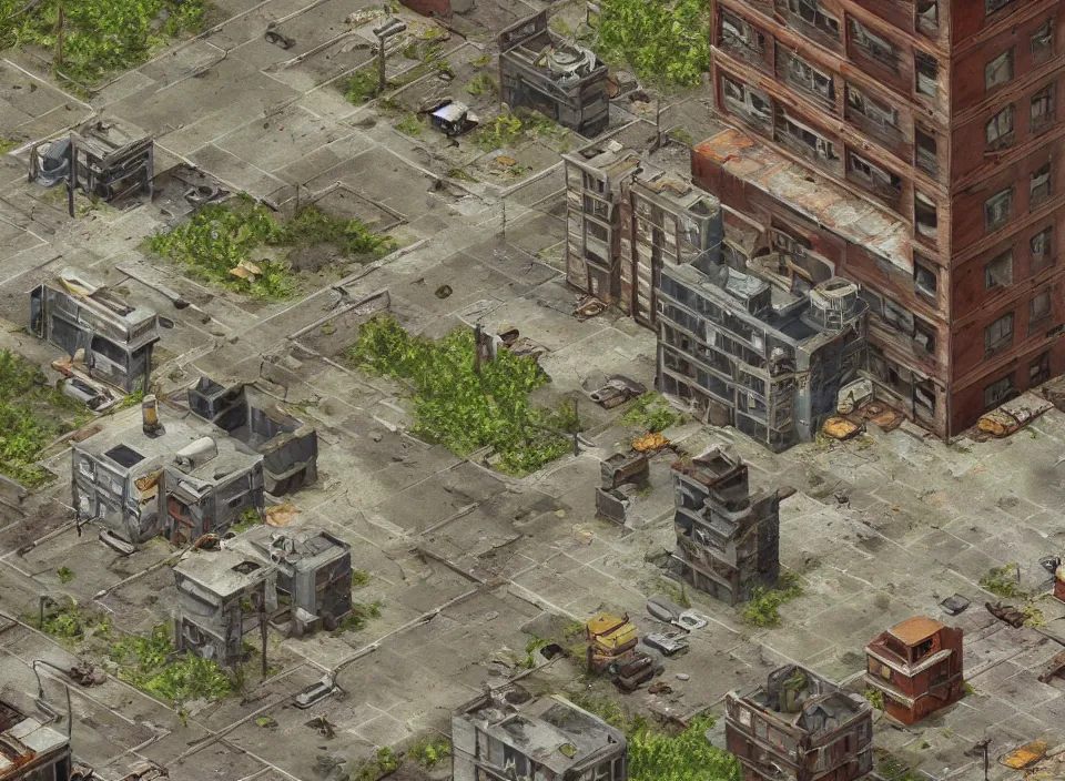 Image similar to Screenshot of an outside of an abandoned and rusty Polish apartment building in Fallout 2 (1998), isometric perspective, postapocalyptic, bird's eye view, prerendered isometric graphics, high quality