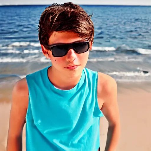Prompt: portrait of a teenage boy with natural brown hair, sunglasses and fisher net tanktop. detailed face. beach background.