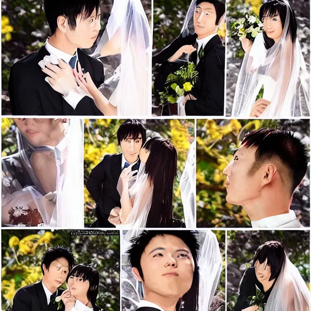 Image similar to saitama one punch man instagram couple's wedding photo shoot, closeup photo