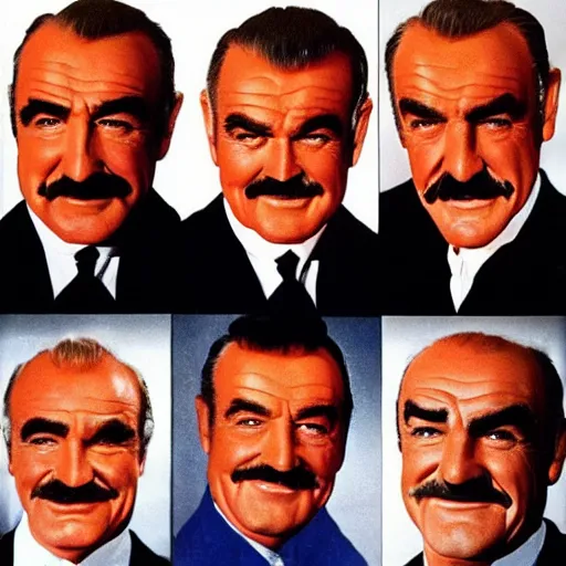 Image similar to six sean connery heads stacked like jack - o - lanterns