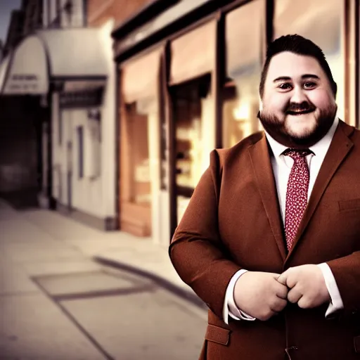 Prompt: Close up portrait of a chubby man wearing a brown suit and necktie with a bakery in the background. Photorealistic. Award winning. Dramatic lighting. Intricate details. UHD 8K. He looks happy.