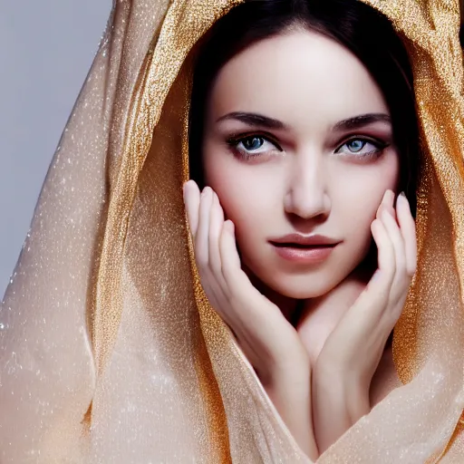 Image similar to filmstill photography of female face covered with white translucent blanket, luxurious supermodel photoshooting, golden jewelry,