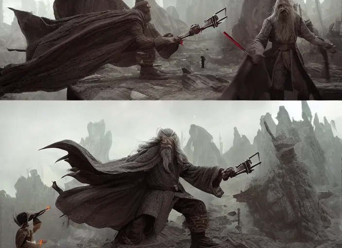 Prompt: a diorama of gandalf fighting darth vader, tilt shift, detailed, high fantasy, soft lighting, by ruan jia and mandy jurgens