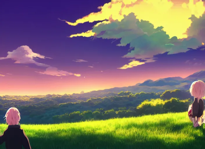 Prompt: very high quality illustration of green hills with clouds in the background, golden hour sunset, purple beautiful sky, cute anime girl with platinum blonde hair and big eyes, close to foreground, anime key visual, official media, illustrated by wlop, extremely detailed, 8 k, trending on pixiv, cinematic lighting, beautiful