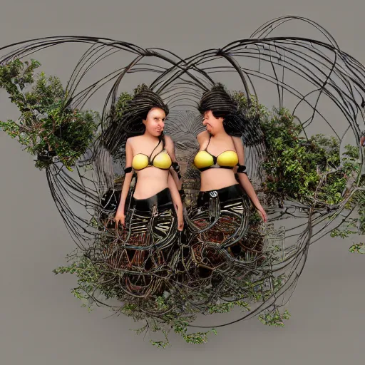 Image similar to deeper into the metaverse we go, piles of modular synth cables mixed with mangrove roots, two kawaii puerto rican goddesses laying down wearing a headpiece made of circuit boards, by cameron gray, wlop, stanley kubrick, masamune, hideki anno, jamie hewlett, unique perspective, trending on artstation, 3 d render, vivid