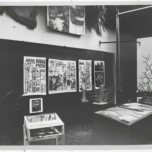 Prompt: A black and white photography of an exhibition space with objects of Sun Ra, Marcel Duchamp and tropical plants, 60s, offset lithography print, newspaper, distant shot