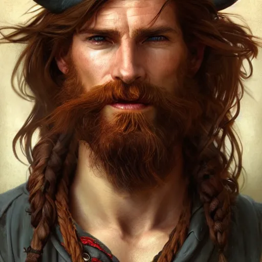 Image similar to portrait of a young ruggedly handsome but joyful pirate, male, masculine, upper body, red hair, long hair, d & d, fantasy, perfect teeth, intricate, elegant, highly detailed, digital painting, artstation, concept art, matte, sharp focus, illustration, art by artgerm and greg rutkowski and alphonse mucha