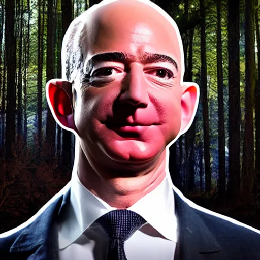 Prompt: jeff bezos skinwalker hunting you in a dark forest, realism, fear