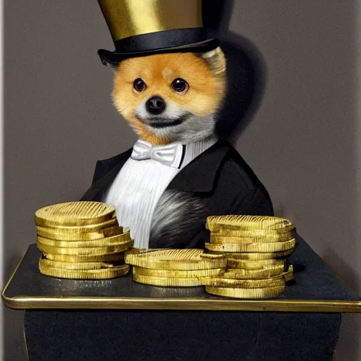 Image similar to a tan pomeranian wearing a top - hat and monocle and sitting on large pile of featureless gold coins