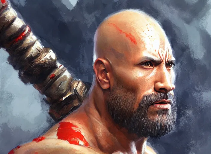 Image similar to a highly detailed beautiful portrait of dwayne johnson kratos hybrid god of war, by gregory manchess, james gurney, james jean, octane, fantasy