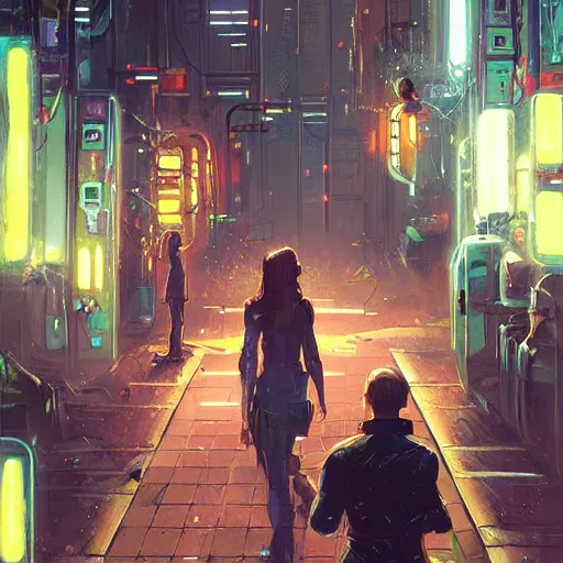 Prompt: two people arguing, detailed digital illustration by greg rutkowski, cyberpunk back alley, nighttime, colorful lighting, android netrunner