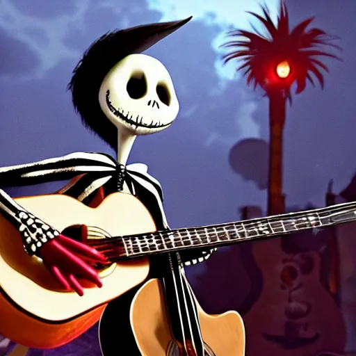 Prompt: jack skellington and miguel from coco playing guitars, high detail, movie still, cinematic, brooding,