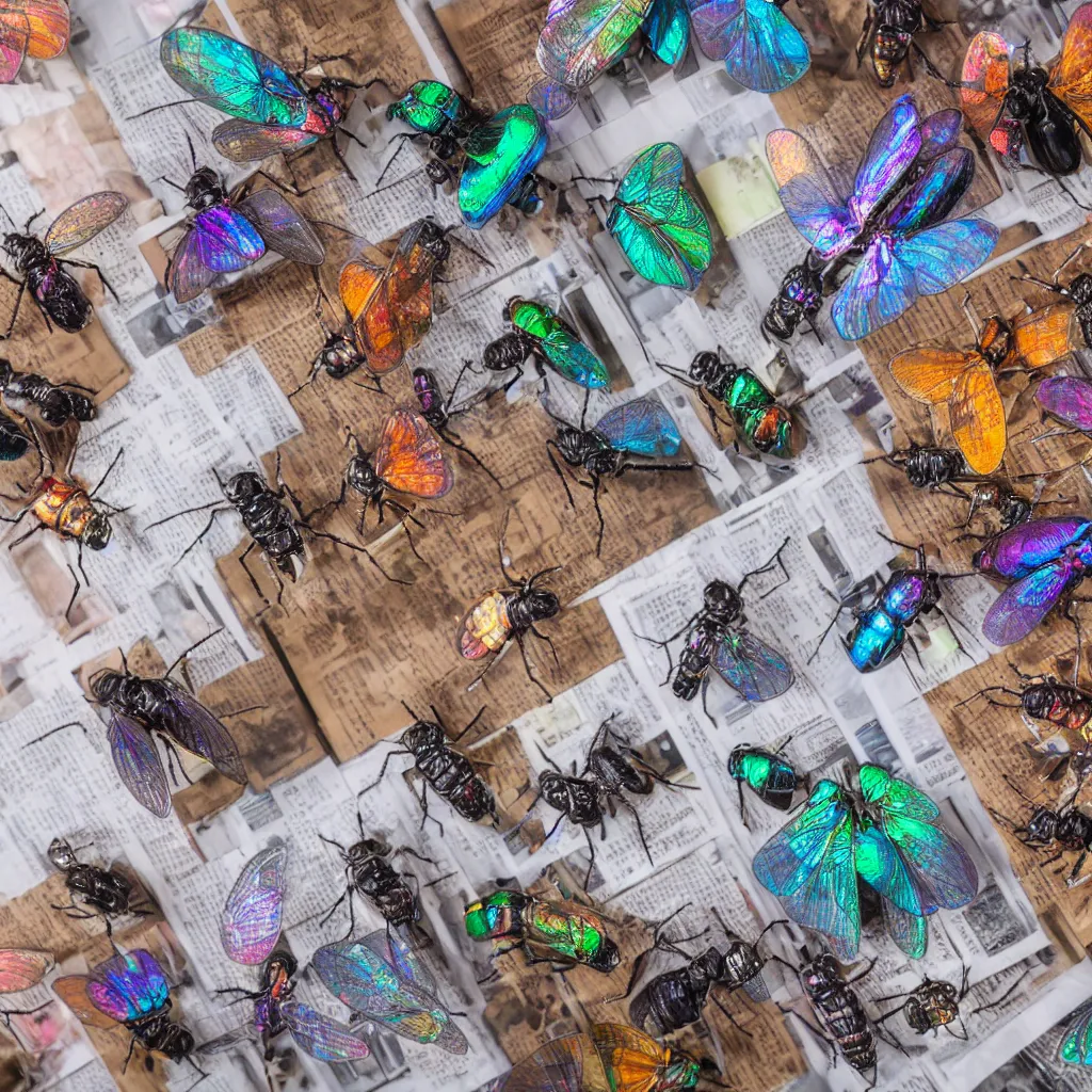 Image similar to a small collection of iridescent insects, inside boxes with newspaper. top down photo, close macro photo. studio photo, 8k