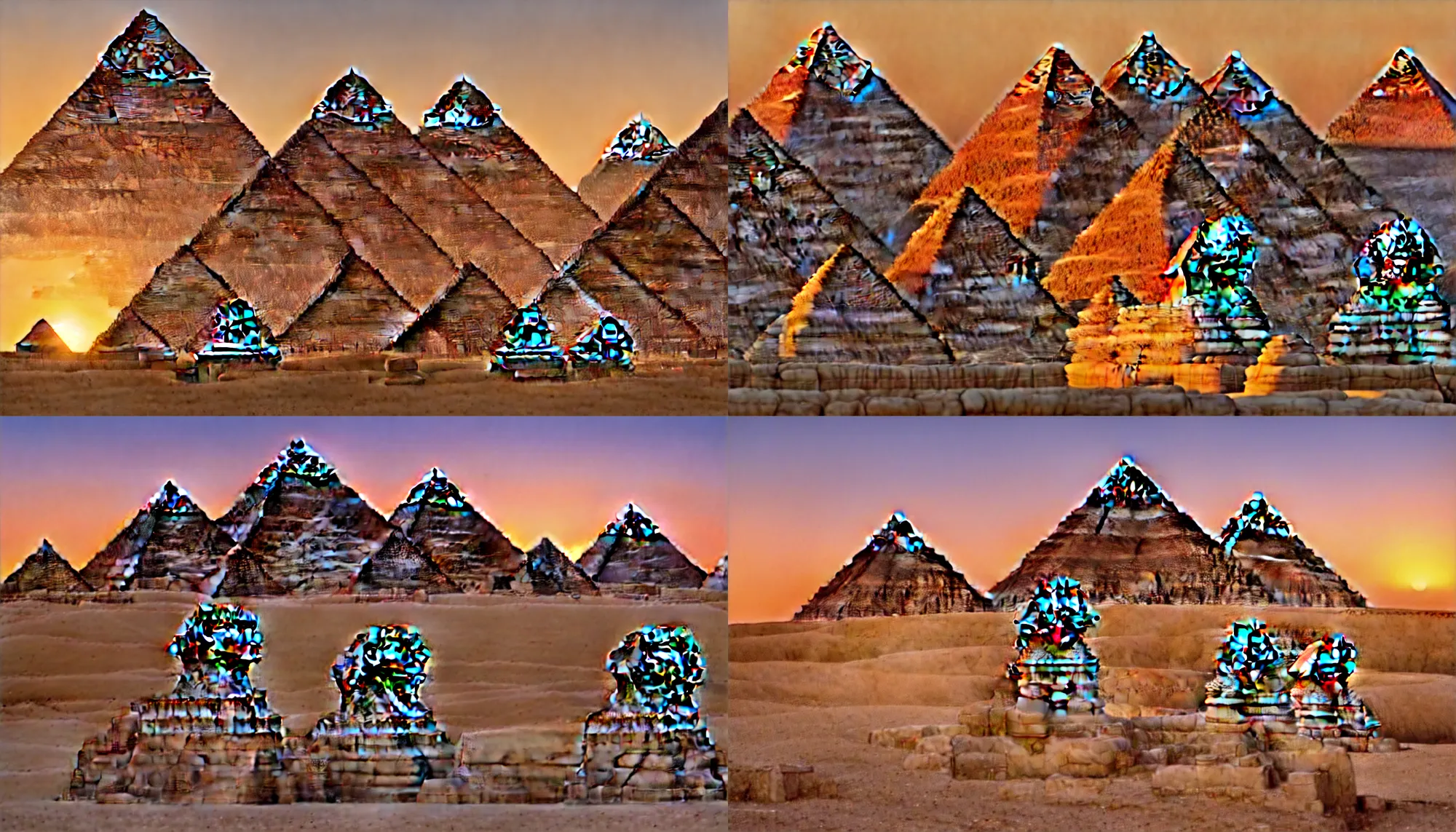 Prompt: pyramids and the sphinx at sunset, golden hour,