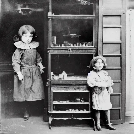 Prompt: victorian child standing in a doll maker's shop