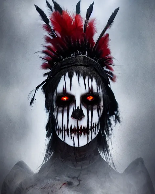 Image similar to the ghost - spirit of the grim - warpaint wears the scarlet skull armor and native blood headdress feathers, midnight fog - mist!, dark oil painting colors, realism, cinematic lighting, various refining methods, micro macro autofocus, ultra definition, award winning photo