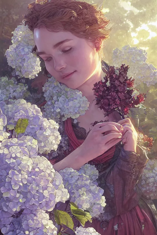 Prompt: Garden Hydrangea, D&D, fantasy, highly detailed, digital painting, artstation, concept art, sharp focus, illustration, art by artgerm and greg rutkowski and alphonse mucha