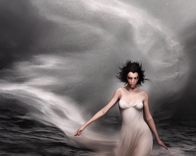 Prompt: olivia swirling into a water tornado that turns into a dress, 3 d animation, black hair, freckles, pale skin, photo by greg rutkowski, female beauty, intricate detail, elegance, sharp shapes, soft lighting, masterpiece