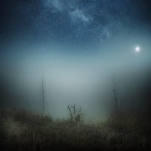 Image similar to photo of a ghost at forest at night, with moonlight, stars and fog