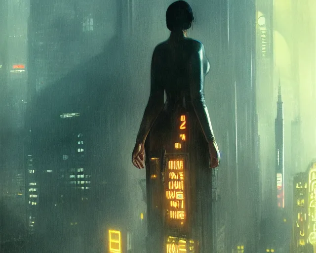 Image similar to 2 0 1 8 blade runner movie still salma hayek look at the cityscape from roof perfect face fine realistic face pretty face reflective polymer suit tight neon puffy jacket blue futuristic sci - fi elegant by denis villeneuve tom anders zorn hans dragan bibin thoma greg rutkowski ismail inceoglu illustrated sand storm alphonse mucha