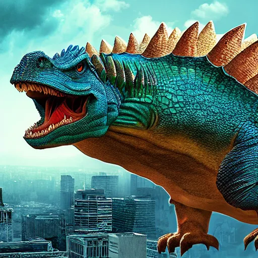 Image similar to a giant dimetrodon trampling a city