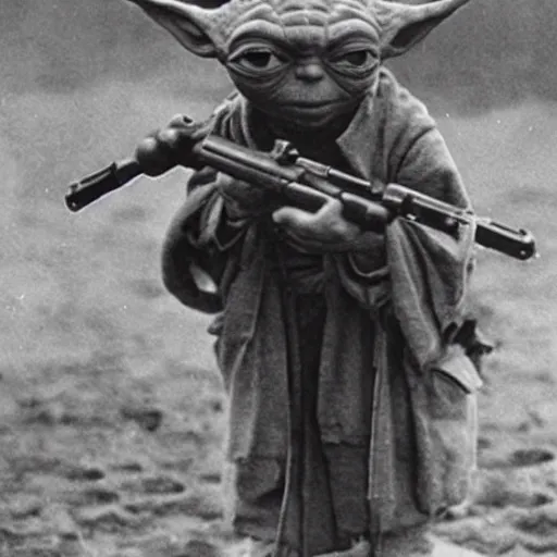 Image similar to old wartime photograph of yoda from star wars holding a lewis gun, 1 9 1 7