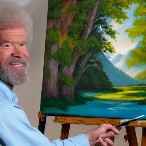 Image similar to a closeup photorealistic photograph of bob ross putting the finishing touches on a canvas painting that includes ashley schaeffer. mountains and trees. film still. brightly lit scene. this 4 k hd image is trending on artstation, featured on behance, well - rendered, extra crisp, features intricate detail, epic composition and the style of unreal engine.