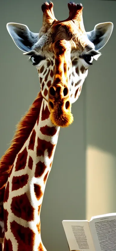 Prompt: giraffe, reading book in, library side shot, by shunji dodo, 8 k resolution, high quality