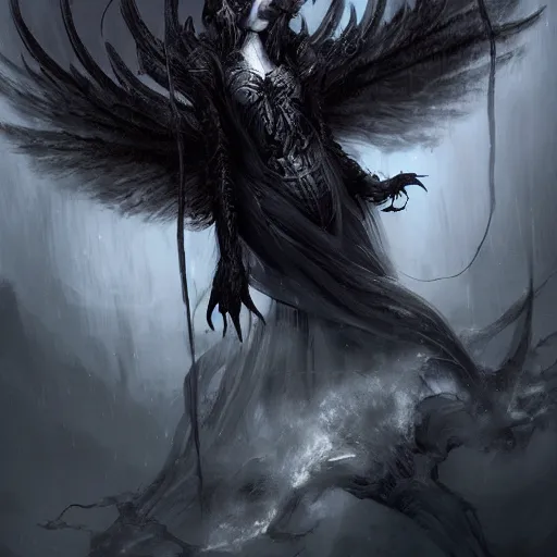 Prompt: 3 d rendered digital art by bastien lecouffe deharme of a eldritch wraith, black spidery mist, billowing shadows and black feathers, black halo nimbus, devils horns, dante's inferno, 8 k dop dof