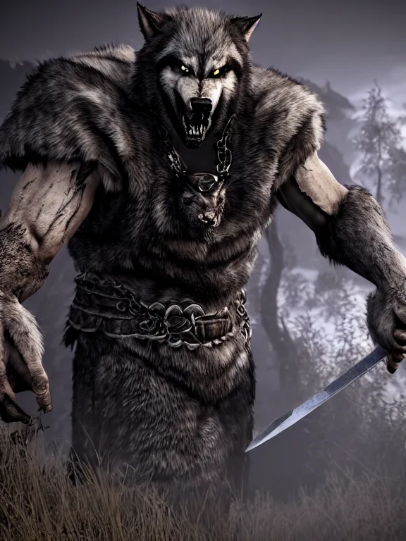 Prompt: cute handsome cuddly burly surly relaxed calm timid werewolf from van helsing holding a sword unreal engine hyperreallistic render 8k character concept art masterpiece screenshot from the video game the Elder Scrolls V: Skyrim