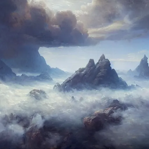 Image similar to islands in an ocean of clouds populated by an ancient civilization, oil painting, by greg rutkowski