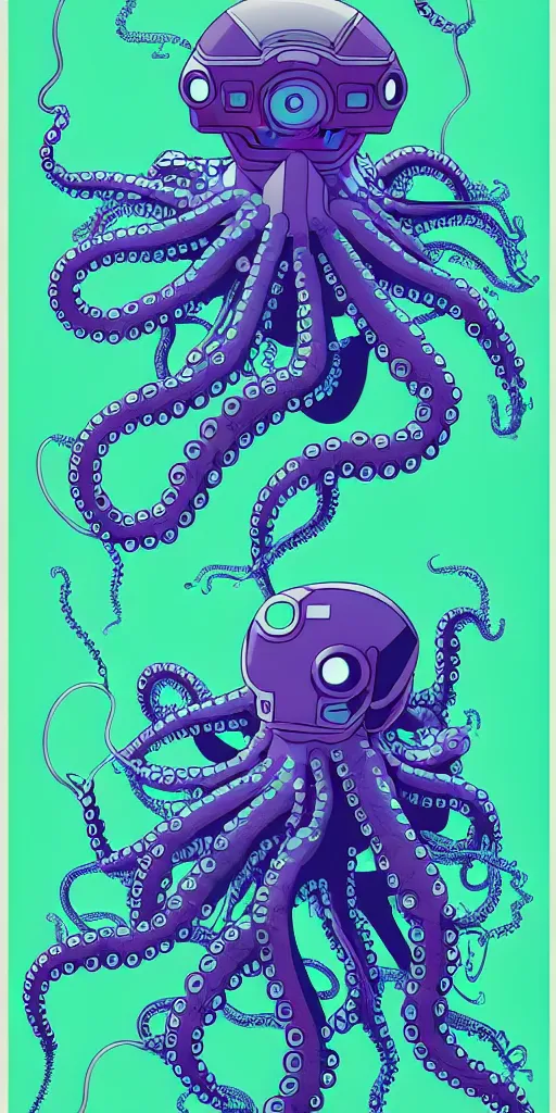 Image similar to robotic cyberpunk octopus by miyazaki, blue green purple color palette, symmetrical poster illustration, kenneth blom, mental alchemy, james jean, pablo amaringo, naudline pierre, contemporary art, hyper detailed