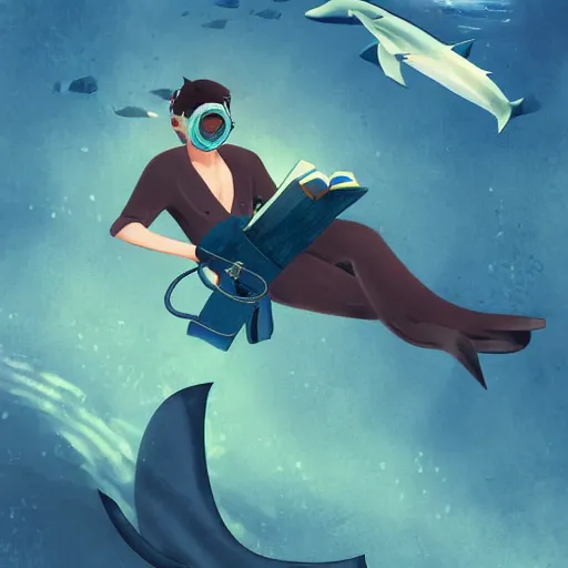 Image similar to man with a vintage diving suit reading a book underwater with sharks around him in the style of makoto shinkai, digital painting, good composition, godrays, trending on art station, high detail