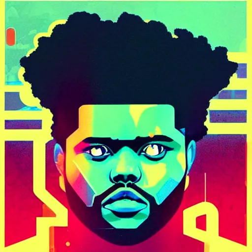 Prompt: The Weeknd profile picture by Sachin Teng, cyberpunk, 80's, synth wave, asymmetrical, positive vibes, Realistic Painting , Organic painting, Matte Painting, geometric shapes, hard edges, graffiti, street art:2 by Sachin Teng:4