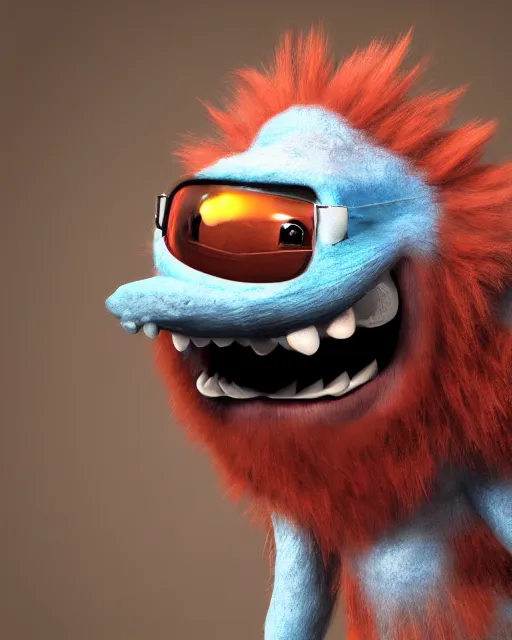 Image similar to 3 d render of completely red hairy friendly antropomorphic cartoony creature wearing chrome shades, similar to jake sully, without nose, full body, simple, cute, white background, unreal engine 5, octane render, highly detailed hdr