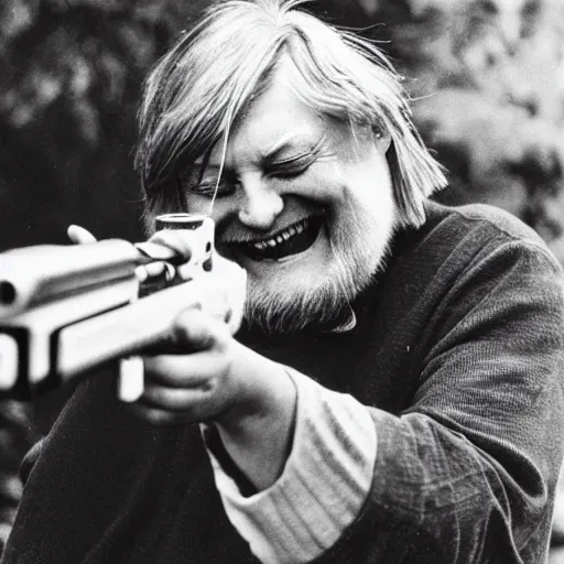 Image similar to robert wyatt laughing maniacally and shooting the view with his gun