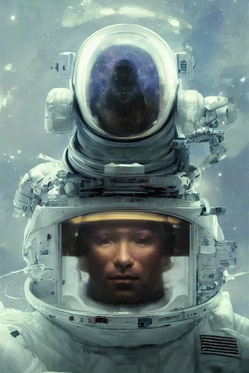 Image similar to portrait of an astronaut in 3 / 4 view wearing a very futuristic helmet with cybernetics and wirings, vaporwave aesthetic, dreamcore by craig mullins, ruan jia, kentaro miura, greg rutkowski