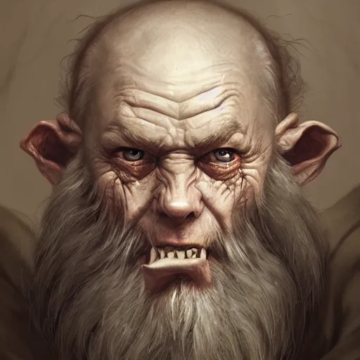 Image similar to a detailed matte head - on portrait painting of an ugly old hobbit man, with a large scar and missing teeth portrait by charlie bowater, lise deharme, wlop, tending on arstation, dungeons and dragon, dnd, pathfinder, fanart, oil on canvas