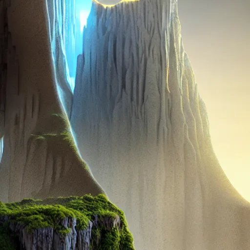 Image similar to falling water light is mine to travel,beyond time ,the cathedrals in a canyon grotto of life the beginning , geological strata,ground mist, by Sparth and Greg Rutkowski, hypermaximalist,micro details, 3d sculpture,,digital rendering,octane render , 4k, artstation, concept art , f22,deep depth of field,photographic, wide angle,cinematic lighting