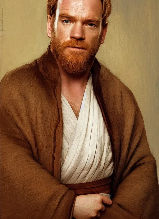 Image similar to Beautiful half body portrait of Ewan McGregor's Obi-Wan Kenobi, intricate, elegant, digital painting, ilustratiom, artwork by Vermeer and alphonse mucha