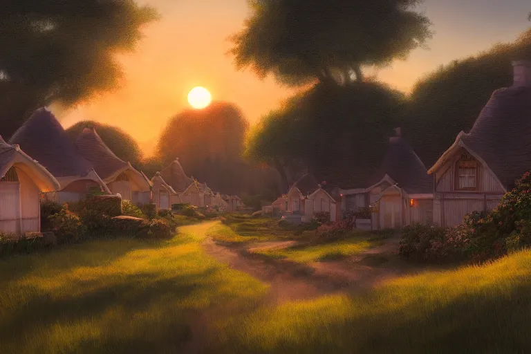 Image similar to sunset over the cottages in the shire, ghibli, artstation, award wining, rutkowski, shinkai