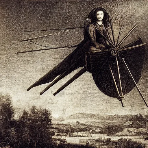 Image similar to 1800 photograph, daguerreotype, Leonardo Da Vinci's flying machine driven by a woman, High definition, volumetric light, detailed details,