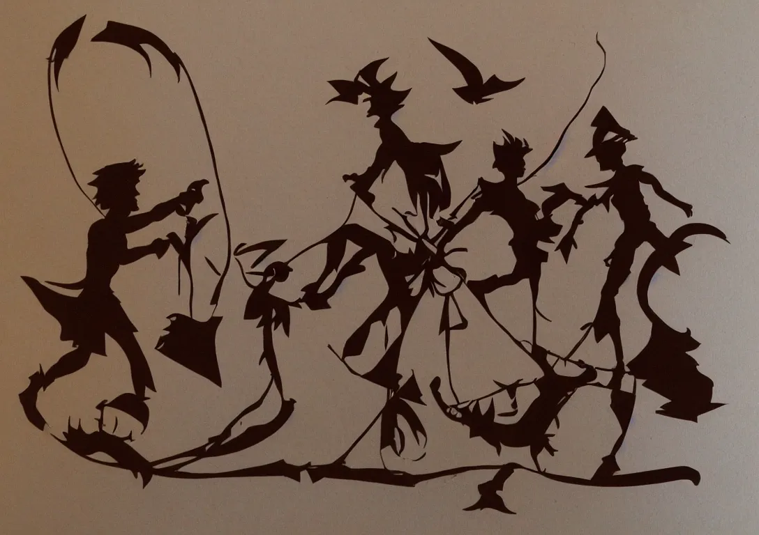 Image similar to a simple cut paper sculpture of peter pan and captain hook