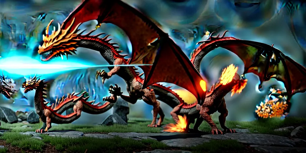 Image similar to all the elemental dragons meeting each other, photorealistic 3 d render, unreal engine, ultra detailed