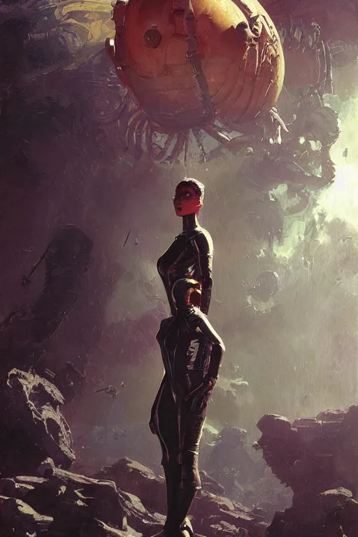 Image similar to pulp scifi fantasy illustration full body portrait elegant woman wearing latex spacesuit with huge martian creature in background, by norman rockwell, jack kirby, bergey, craig mullins, ruan jia, jeremy mann, tom lovell, 5 0 s, astounding stories, fantasy