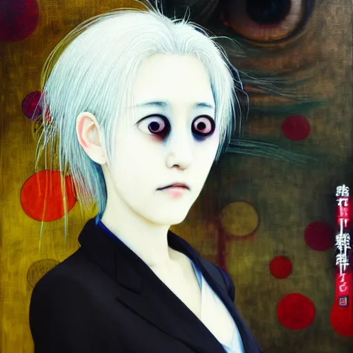 Image similar to yoshitaka amano blurred and dreamy realistic portrait of a woman with white hair and black eyes wearing office suit with tie, junji ito abstract patterns in the background, satoshi kon anime, noisy film grain effect, highly detailed, renaissance oil painting, weird portrait angle, blurred lost edges, three quarter view