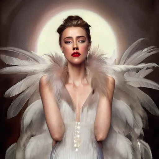 Image similar to hyperrealistic portrait of a woman as amber heard posing to noir moon in a white swan dress wearing sapphire jewellery with long feather collar by jeremy mann and alphonse mucha, fantasy art, photo realistic, dynamic lighting, artstation, poster, volumetric lighting, very detailed faces, 4 k, award winning