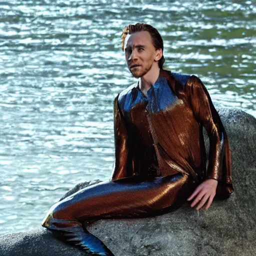 Image similar to Tom Hiddlestone as a beautiful mermaid sitting on a rock in the middle of a lake wearing a shiny silk jacket