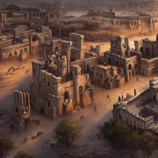 Prompt: Cinematic view of a detailed fantasy city with greek architecture, massive defensive fortifications surround the city. Intricate walls protect the buildings from the vast desert outside; trending on artstation