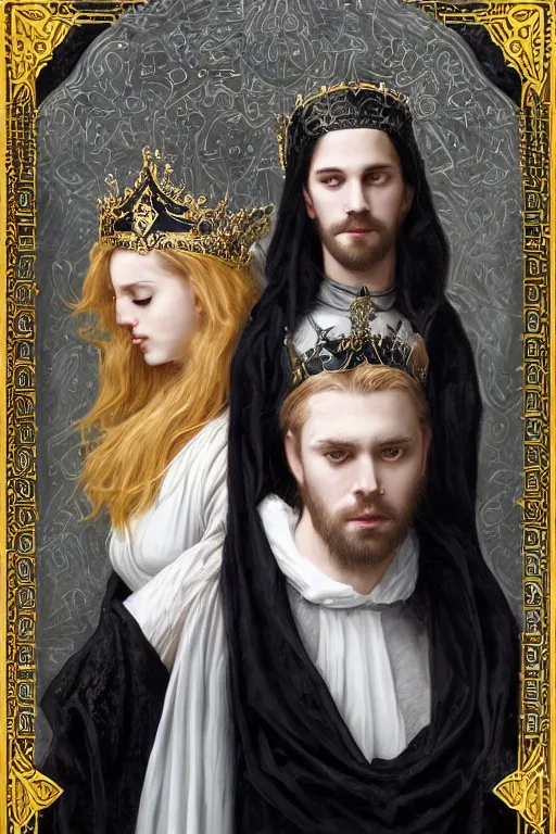 Image similar to a portrait of handsome young male nordic Satan wearing a crown and his elegant beautiful nordic cultist wife dressed in black, bored, illustration, dramatic lighting, soft details, painting oil on canvas, art nouveau, octane render, HDR, 4k, 8k, HD, by Edmund Blair Leighton, Brom, Charlie Bowater, trending on artstation, faces by Tom Bagshaw, Sargent